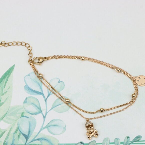 Rose Gold Double Layer Skull Bracelet with Crystal Accents, XPBL0674 - Picture 2 of 12